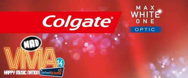 Διαφημιστικό banner για τα Mad VMA 14 και την Colgate Max White Optic.