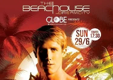 Αφίσα για το πάρτι της GLOBE στο Beach House με τον Jay Hardway.