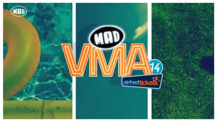 Λογότυπο Mad VMA 2014 by Airfasttickets σε καλοκαιρινό φόντο.