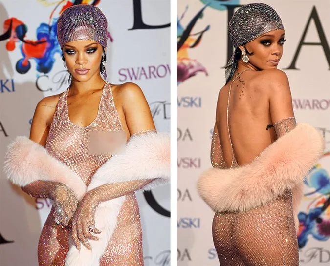 Η Rihanna με διάφανο φόρεμα Swarovski στα βραβεία CFDA.