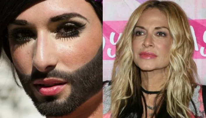 Κοντινό πλάνο της Conchita Wurst και της Άννας Βίσση.
