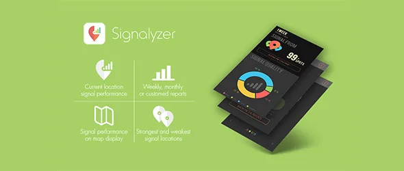 Γραφικό της εφαρμογής Signalyzer σε πράσινο φόντο με εικονίδια λειτουργιών και οθόνες κινητού.