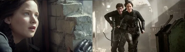 Η Jennifer Lawrence σε σκηνές από την ταινία Hunger Games: Mockingjay Part 1.