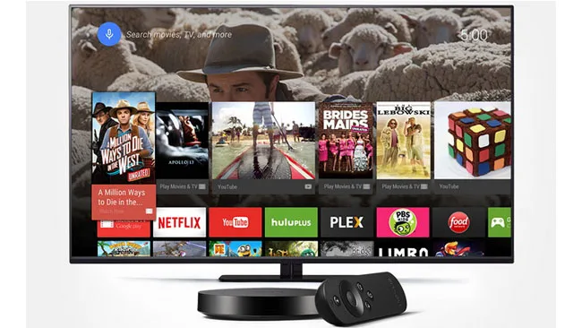 Η κονσόλα Google Nexus Player συνδεδεμένη σε τηλεόραση με το μενού εφαρμογών Android TV.