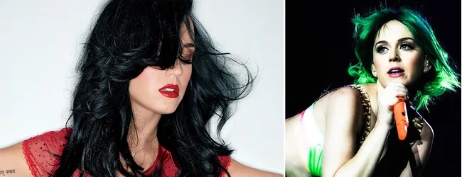 Η Katy Perry σε δύο διαφορετικές πόζες με μαύρα και πράσινα μαλλιά.