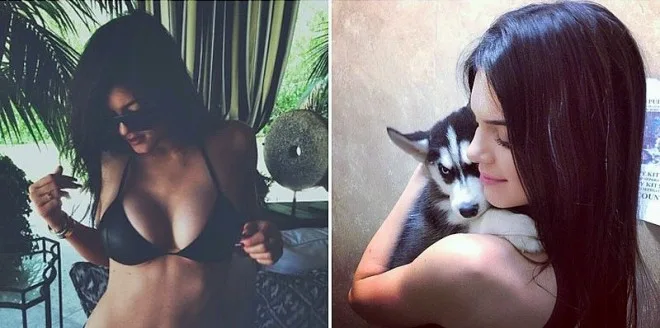 Η Kylie Jenner με μαύρο μπικίνι και η Kendall Jenner αγκαλιά με ένα κουτάβι χάσκι.