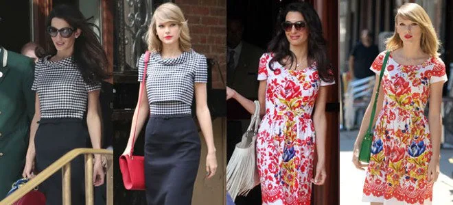 Η Αμάλ Κλούνεϊ και η Taylor Swift με πανομοιότυπα σύνολα σε κολλάζ φωτογραφιών.