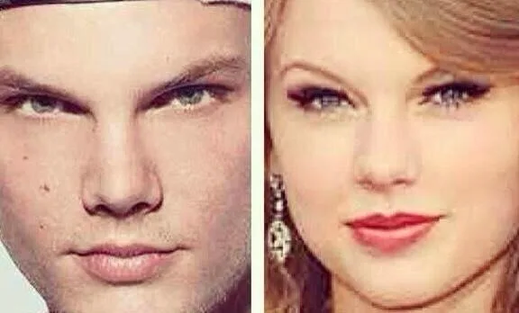 Κοντινό πλάνο των προσώπων του Avicii και της Taylor Swift σε σύγκριση.
