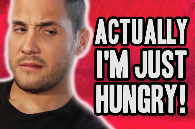 Άντρας με σκεπτικό ύφος δίπλα στη φράση 'Actually I'm just hungry!' σε κόκκινο φόντο.