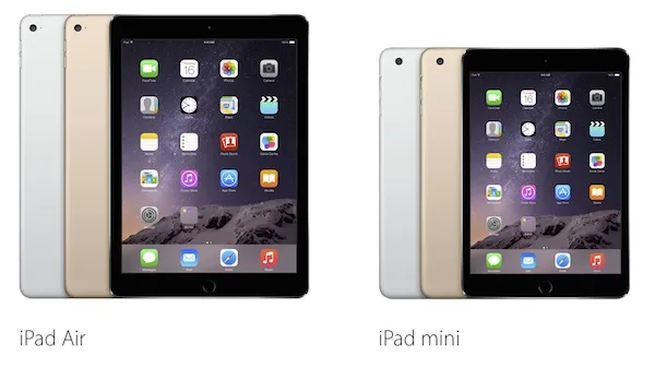 Σύγκριση iPad Air 2 και iPad mini σε τρία χρώματα: ασημί, χρυσό και γκρι.