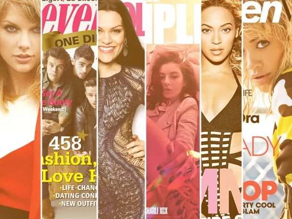 Κολάζ με εξώφυλλα περιοδικών των Taylor Swift, One Direction, Jessie J, Charli XCX, Beyonce και Rita Ora.