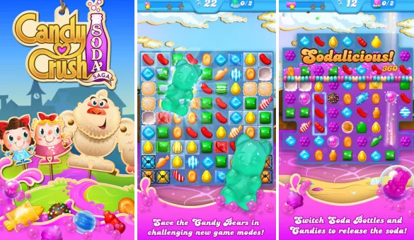 Στιγμιότυπα από το παιχνίδι Candy Crush Soda Saga με πολύχρωμα ζαχαρωτά και αρκουδάκια.