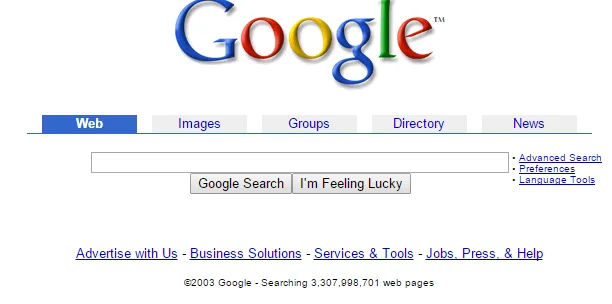 Η αρχική σελίδα της Google από το 2003