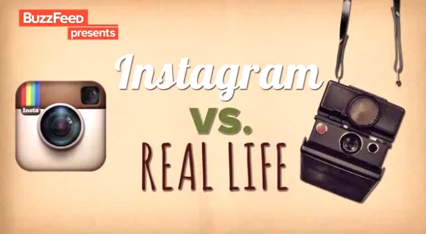 Γραφικό BuzzFeed Presents: Instagram vs. Real Life με λογότυπο Instagram και κάμερα Polaroid.