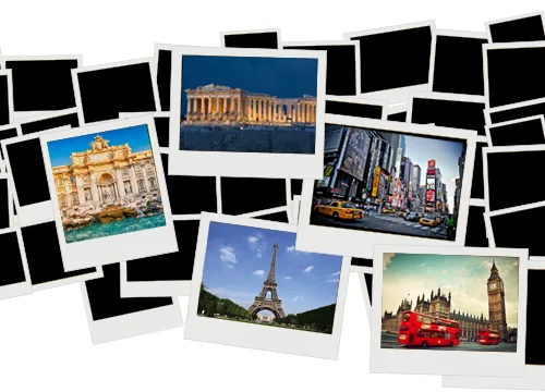 Κολάζ από φωτογραφίες polaroid με διάσημα αξιοθέατα του κόσμου.