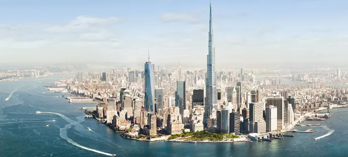Πανοραμική άποψη πόλης με το Burj Khalifa και το One World Trade Center.