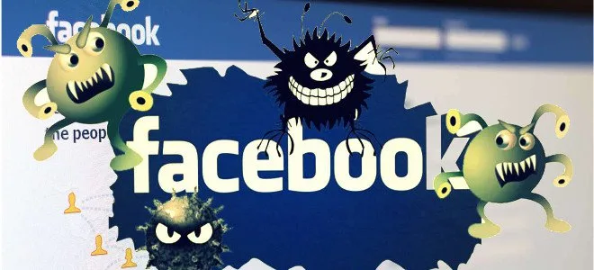 Το λογότυπο του Facebook περιτριγυρισμένο από καρτουνίστικα μικρόβια και ιούς.