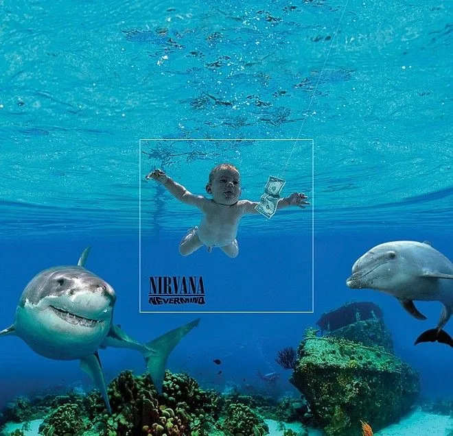 Το εξώφυλλο του άλμπουμ Nevermind των Nirvana σε διευρυμένη ψηφιακή απεικόνιση.