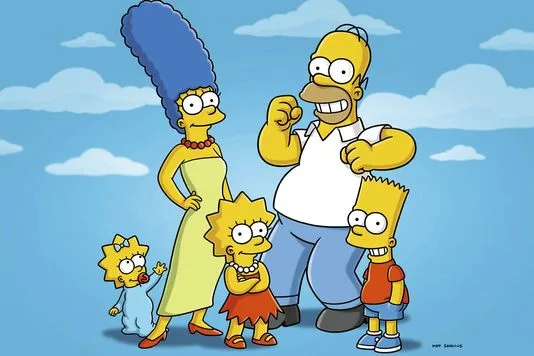 Οι χαρακτήρες της σειράς The Simpsons σε γαλάζιο φόντο με σύννεφα.