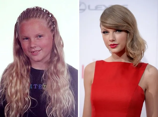 Κολάζ με την Taylor Swift σε παιδική ηλικία και σε επίσημη εμφάνιση.