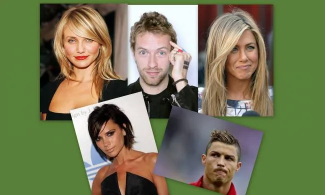 Κολάζ με τους Cameron Diaz, Chris Martin, Jennifer Aniston, Victoria Beckham και Cristiano Ronaldo.