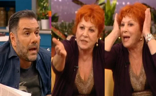 Ο Γρηγόρης Αρναούτογλου και η Χρυσούλα Διαβάτη σε έντονο διάλογο κατά τη διάρκεια τηλεοπτικής εκπομπής.