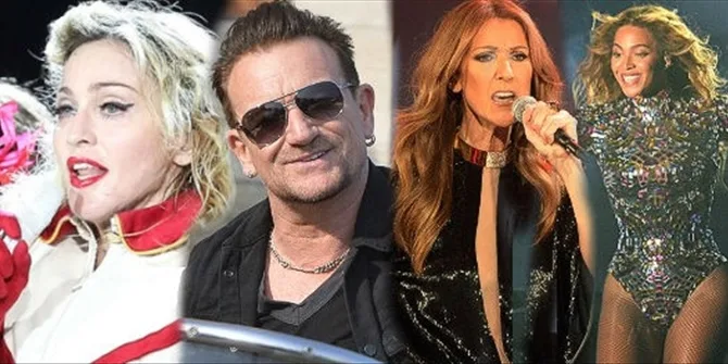 Κολάζ με τους Madonna, Bono, Celine Dion και Beyonce.