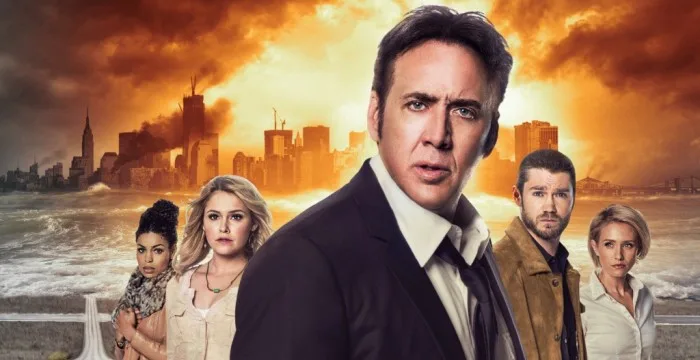 Ο Nicolas Cage και άλλοι ηθοποιοί σε αφίσα ταινίας με φόντο μια κατεστραμμένη πόλη.