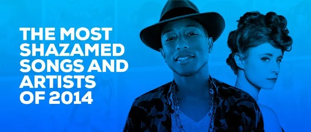 Ο Pharrell και η Kiesza σε μπλε φόντο με κείμενο για τα πιο δημοφιλή τραγούδια του Shazam το 2014.