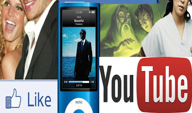Κολάζ με λογότυπα Facebook και YouTube, iPod Nano, Harry Potter και καλλιτέχνες.