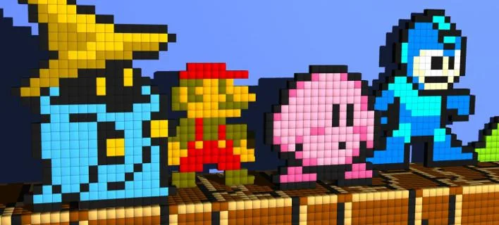 Pixel art χαρακτήρες από κλασικά βιντεοπαιχνίδια σε τρισδιάστατο περιβάλλον.