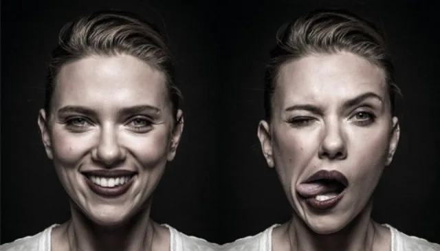 Η Scarlett Johansson σε δύο διαφορετικές εκφράσεις προσώπου.