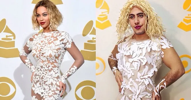 Η Beyoncé και ο Mina σε μια χιουμοριστική σύγκριση εμφάνισης με λευκό δαντελωτό φόρεμα.