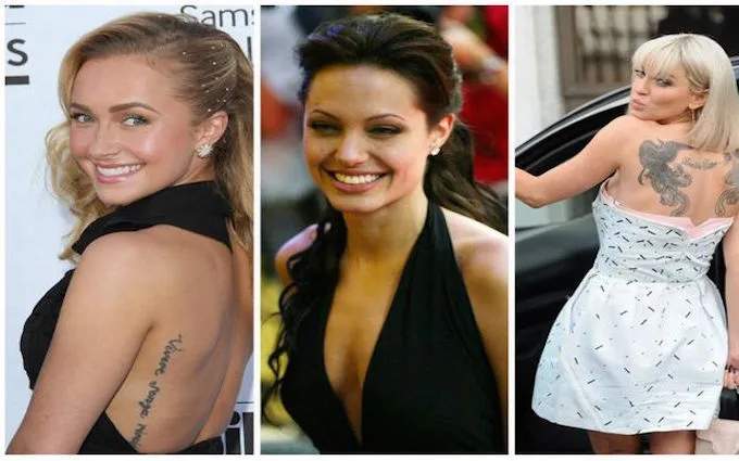 Κολάζ με την Angelina Jolie και άλλες celebrities που δείχνουν τα τατουάζ τους.