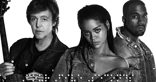 Ο Paul McCartney, η Rihanna και ο Kanye West σε ασπρόμαυρη φωτογραφία.