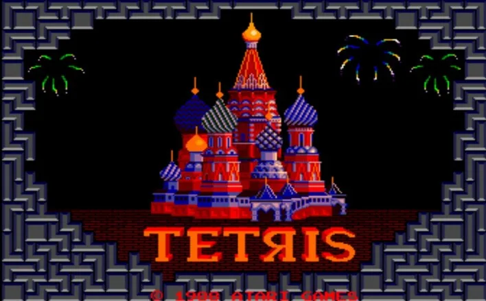 Η αρχική οθόνη του βιντεοπαιχνιδιού Tetris με τον Καθεδρικό Ναό του Αγίου Βασιλείου.