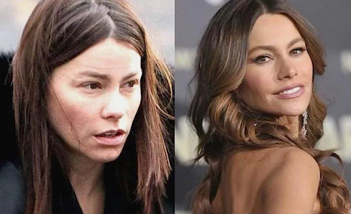 Κολάζ με τη Sofia Vergara με και χωρίς μακιγιάζ.