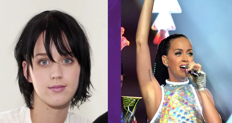 Κολάζ με δύο φωτογραφίες της Katy Perry από διαφορετικές περιόδους της καριέρας της.