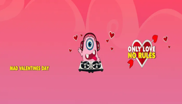 Γραφικό Mad Valentines Day με ροζ φόντο, ένα τέρας DJ και καρδιές.
