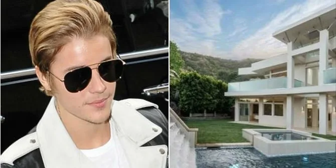 Ο Justin Bieber με γυαλιά ηλίου και δίπλα μια πολυτελής βίλα με πισίνα.