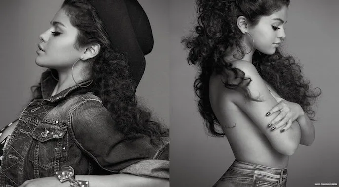Ασπρόμαυρο κολάζ με τη Selena Gomez σε φωτογράφιση.