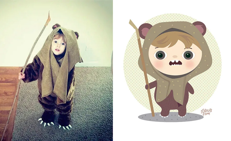 Φωτογραφία παιδιού με στολή Ewok δίπλα σε εικονογράφηση καρτούν από τη Maria Jose Da Luz.