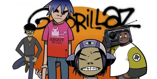 Τα τέσσερα εικονικά μέλη του συγκροτήματος Gorillaz σε σχέδιο του Jamie Hewlett.