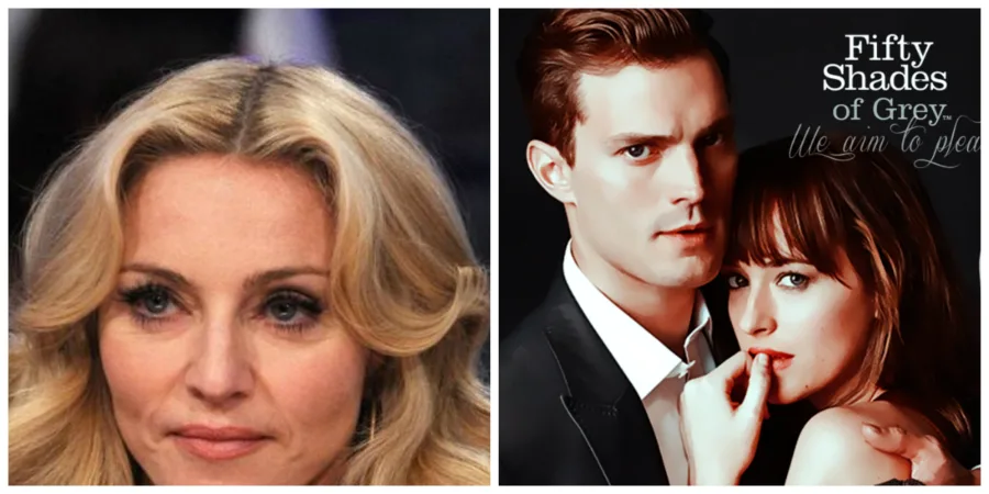 Κολάζ με τη Madonna και την αφίσα της ταινίας Fifty Shades of Grey.