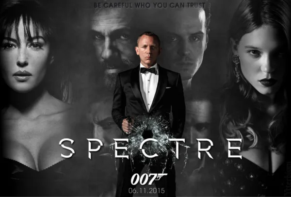 Αφίσα της ταινίας Spectre με τον James Bond και άλλους πρωταγωνιστές.
