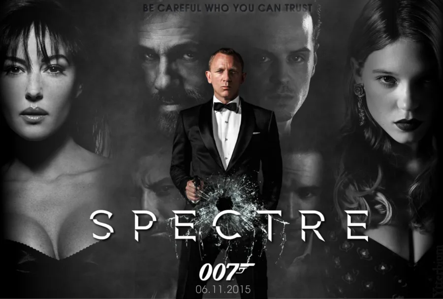 Αφίσα της ταινίας Spectre με τον James Bond και άλλους πρωταγωνιστές.