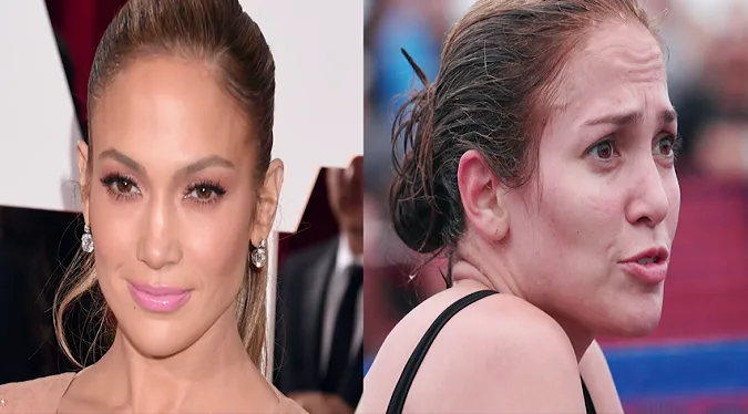 Κολάζ με την Jennifer Lopez με και χωρίς μακιγιάζ.
