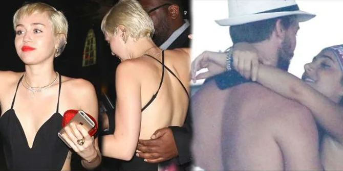 Η Miley Cyrus με μαύρη ολόσωμη φόρμα και ο Patrick Schwarzenegger σε αγκαλιά με άλλη γυναίκα.