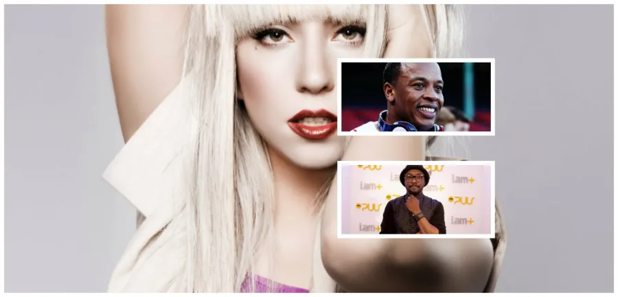 Η Lady Gaga με ξανθά μαλλιά και δύο ένθετες φωτογραφίες των Dr. Dre και will.i.am.