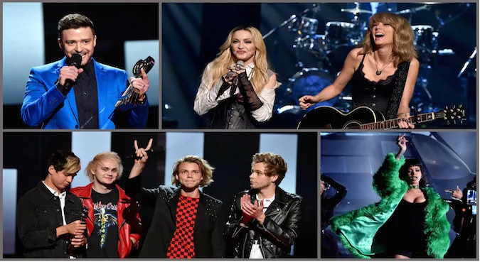 Κολάζ με τους Justin Timberlake, Madonna, Taylor Swift, 5 Seconds of Summer και Rihanna στα iHeartRadio Music Awards.
